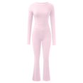 thumbnail image 4 of GILIGEGE Two Piece Sets for Women Women's 2 Sets Fold Over Flare Pants Set Long Sleeve Cropped Top Casual Outfits Pajamas Pink M, 4 of 6