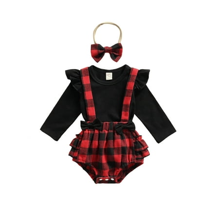 

Qtinghua Newborn Baby Girl Plaids Outfits Long Sleeve T-Shirt Top Suspender Shorts 3Pcs Clothes with Headband Red 6-12 Months