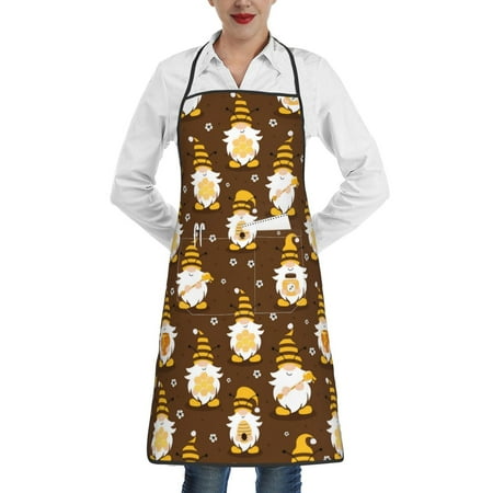 

Pofeuu Flowers And Gnomes Bees Print Aprons with Pockets Cute Aprons for Kitchen Cooking Server Barber Chef Apron