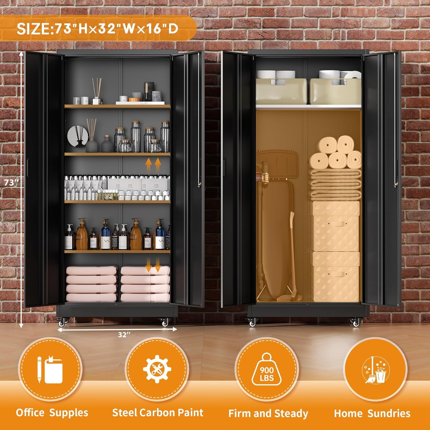 SUNCROWN 73" Storage Cabinet with Wheels,BlackMetal Rolling Garage Cabinet with Locking Doors and 4 Adjustable Shelves for Home,Kitchen,Office,Warehouse(32" W x 16" D)