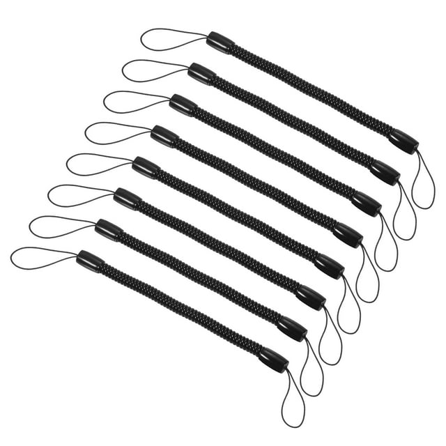 Unique Bargains 5' Plastic Retractable Spring Coil Strap Key Holder Stylus Cord, Black 8 Pack