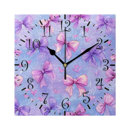 7.78in Square Artistic Wall Clock Dual-Purpose Tabletop & Hanging Decor Silent Non-Ticking Clocks for Home Office 11111111 Watercolor Bows Pattern