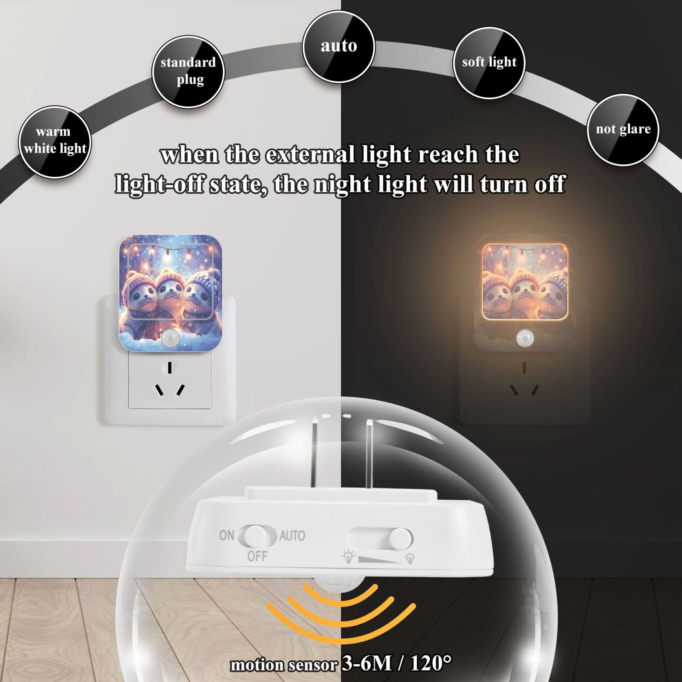 WOBOGO Winter Baby Seal Night Light Lamp with Smart Sensor Dusk to Dawn Sensor 0.6W Plug-in 2-Pack