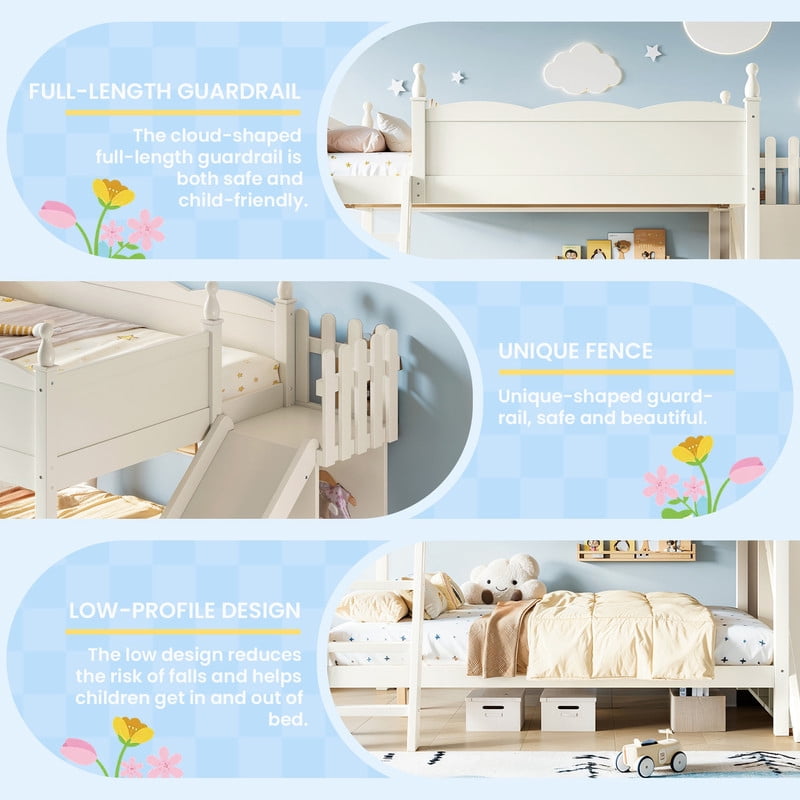Full-Over-Full Size Kids Bunk Bed with Open Storage Shelves & Small Wardrobe, Wooden Princess Bed Frame with Ladder & Slide