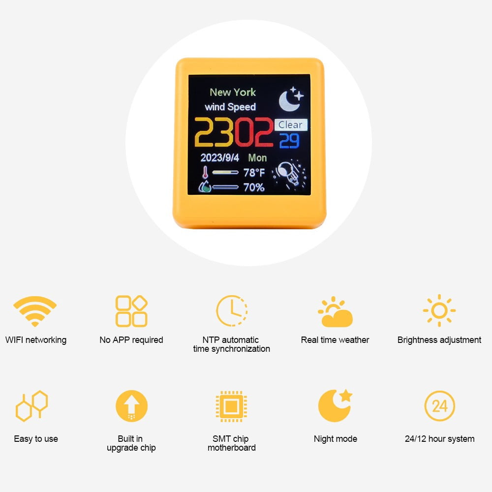 Compact WiFi Weather Clock, Smart Weather Station with LCD Color Screen Type-C Corded Powered Real-Time Updated