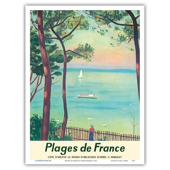 Beaches of France - Côte d'Argent Bassin d'Arcachon - Vintage Travel Poster by Albert Marquet c.1950 - Master Art Print (Unframed) 9in x 12in