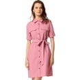 thumbnail image 1 of Vestidos de safari para mujer Vestido camisero con botones y cinturón de manga corta de algodón de verano Rosa M, 1 of 5