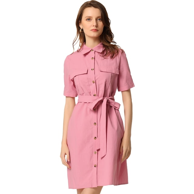 Vestidos de safari para mujer Vestido camisero con botones y cinturón de manga corta de algodón de verano Rosa M