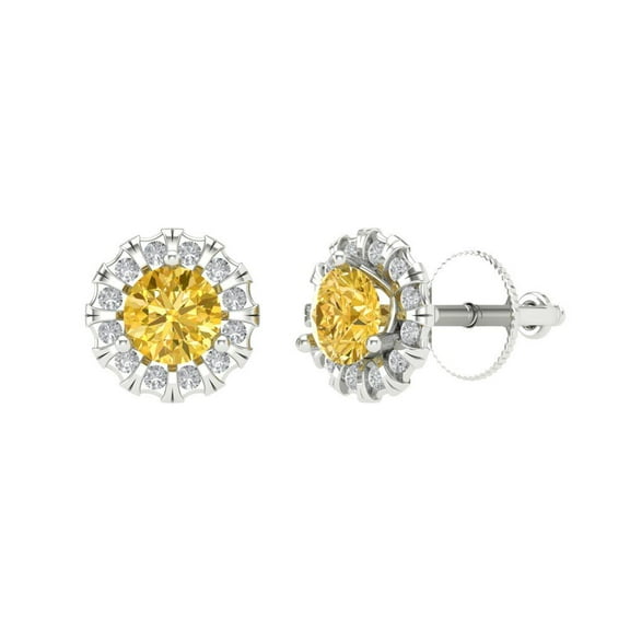 Clara Pucci 1.18 ct Brilliant Round Cut Halo Studs VVS1 Genuine Conflict free Yellow Zircon Solid 18K White Gold Designer Everyday Earrings Screw back