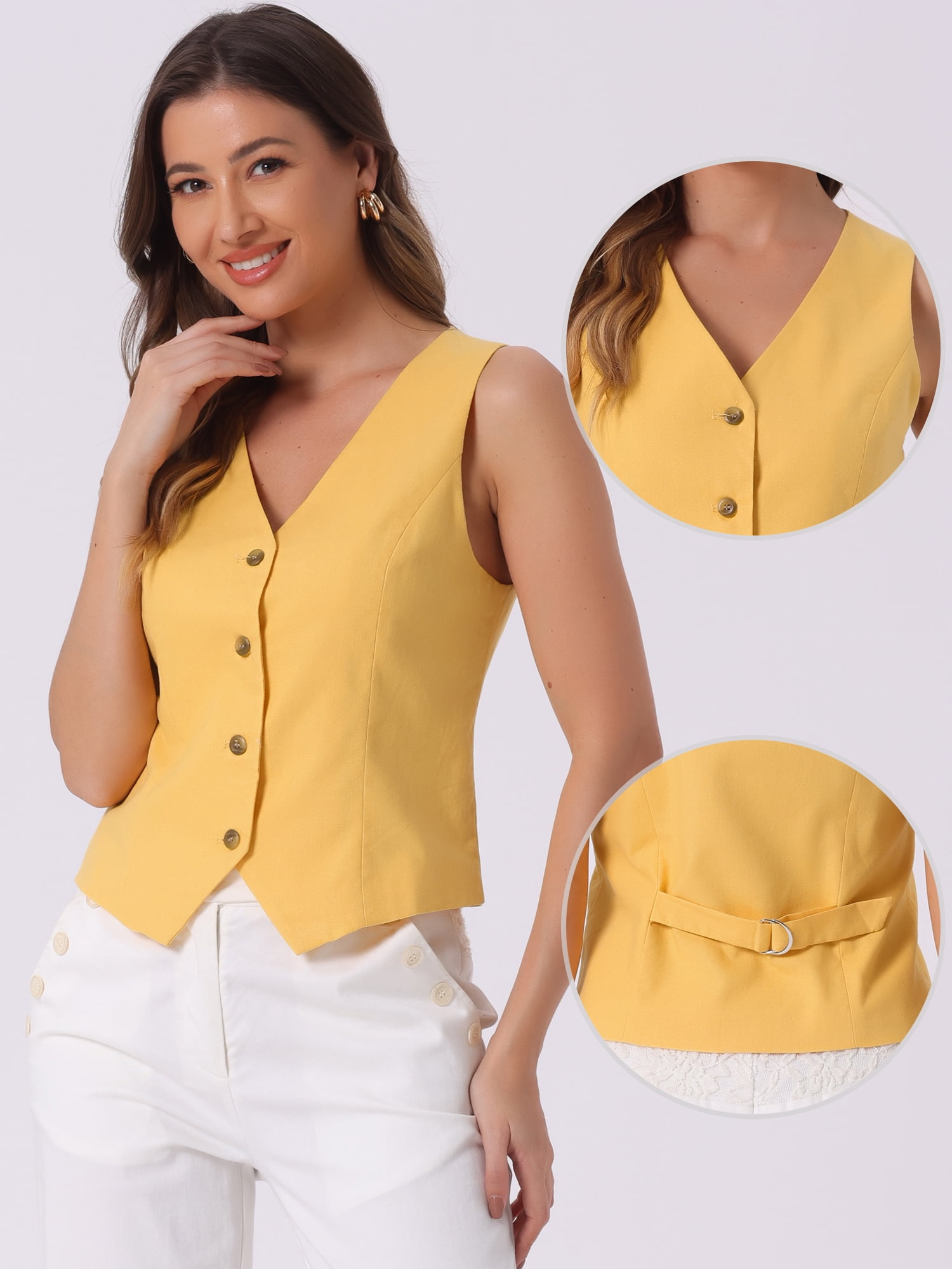 DARING DIVA Women's Button Down Sleeveless V Neck Crop Top Summer Vest S Yellow