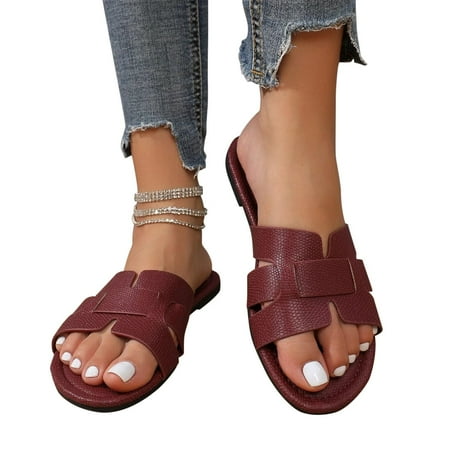 

Tdoqot Womens Slides Sandals- Casual Beach Summer Comfortable Flat Sandals Wine Size 9