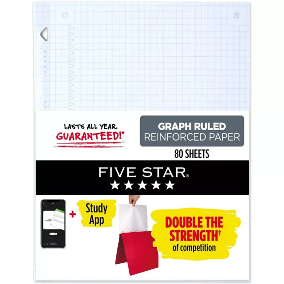Five Star 80ct Graph Ruled Reinforced Filler Paper: 8.5 x 11 Inch White Loose Leaf, Graph Page,