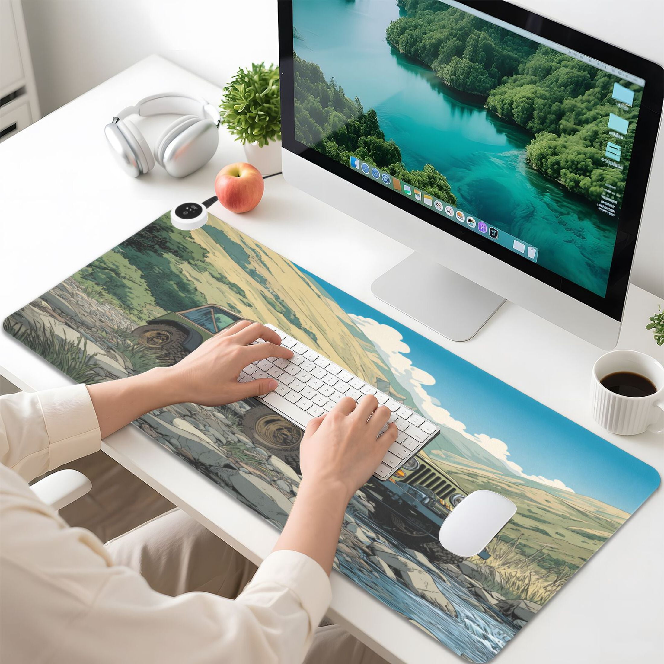 Large Heated Desk Mat Mouse Pad 31.5"x13"PU Leather Graphene Heating Desk Warmer with 3 Temperature Settings 110V US Plug Non-Slip Warm Pad for Home, Office, and Gaming Mountain Stream Jeep Adventure