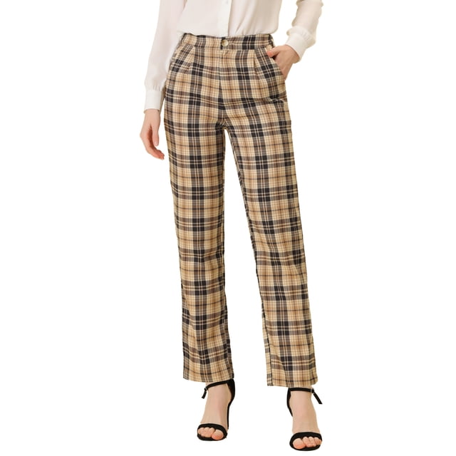 INSPIRE CHIC Pantalones a cuadros casuales para mujer, bolsillos, pierna recta, trabajo, oficina, pantalones caqui negro S