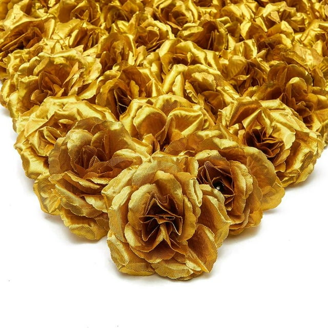 Flores artificiales de seda, cabezas de rosas, 50 piezas para sombreros, ropa, álbumes, decoración de bodas (dorado)