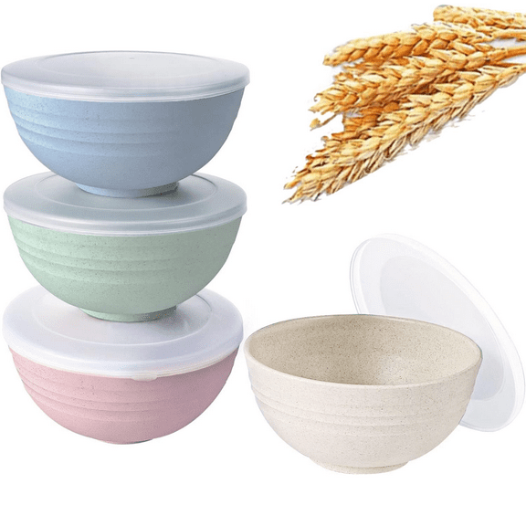 4pcs Cereal Bowls with Lids, Unbreakable Lightweight and Durable Bowls, Wheat Straw Fiber Bowls for Soup Oatmeal Salad