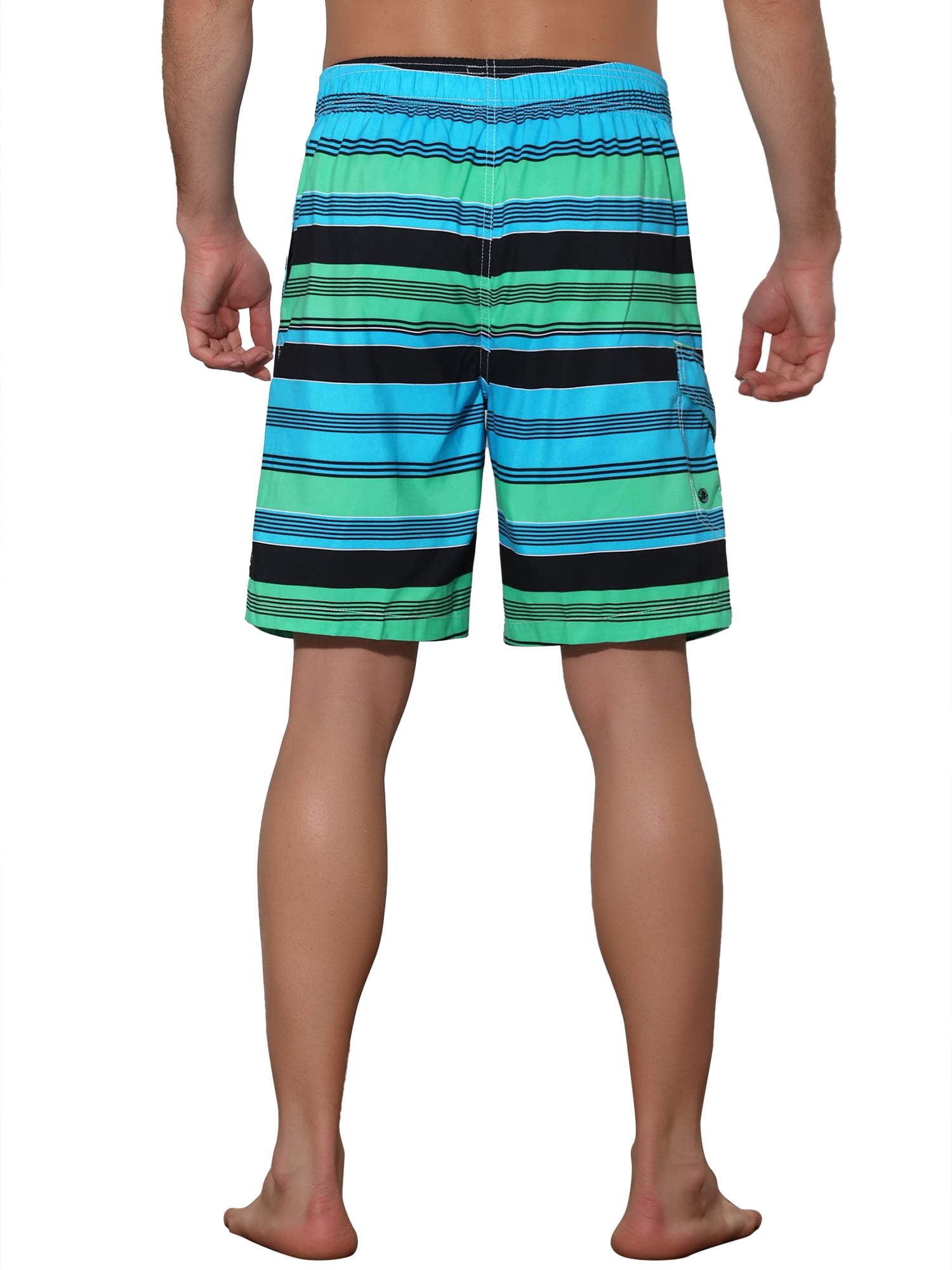 Unique Bargains Men's Drawstring Stripes Printed Color Block Beach Pool Board Shorts 36 Green