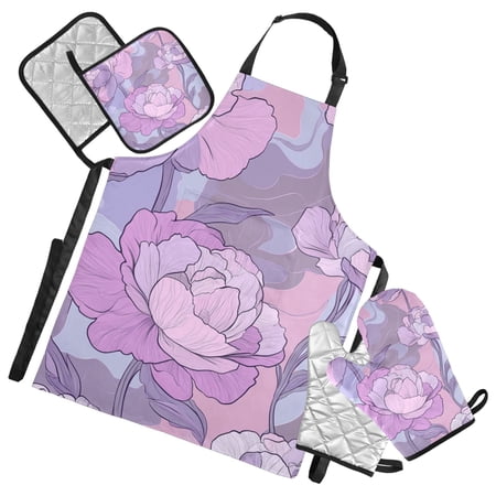 Abstract Pattern Background Peony Flowers Apron Set with Oven Mitts Pot Holders Set of 5 Kitchen Stuff Accessories