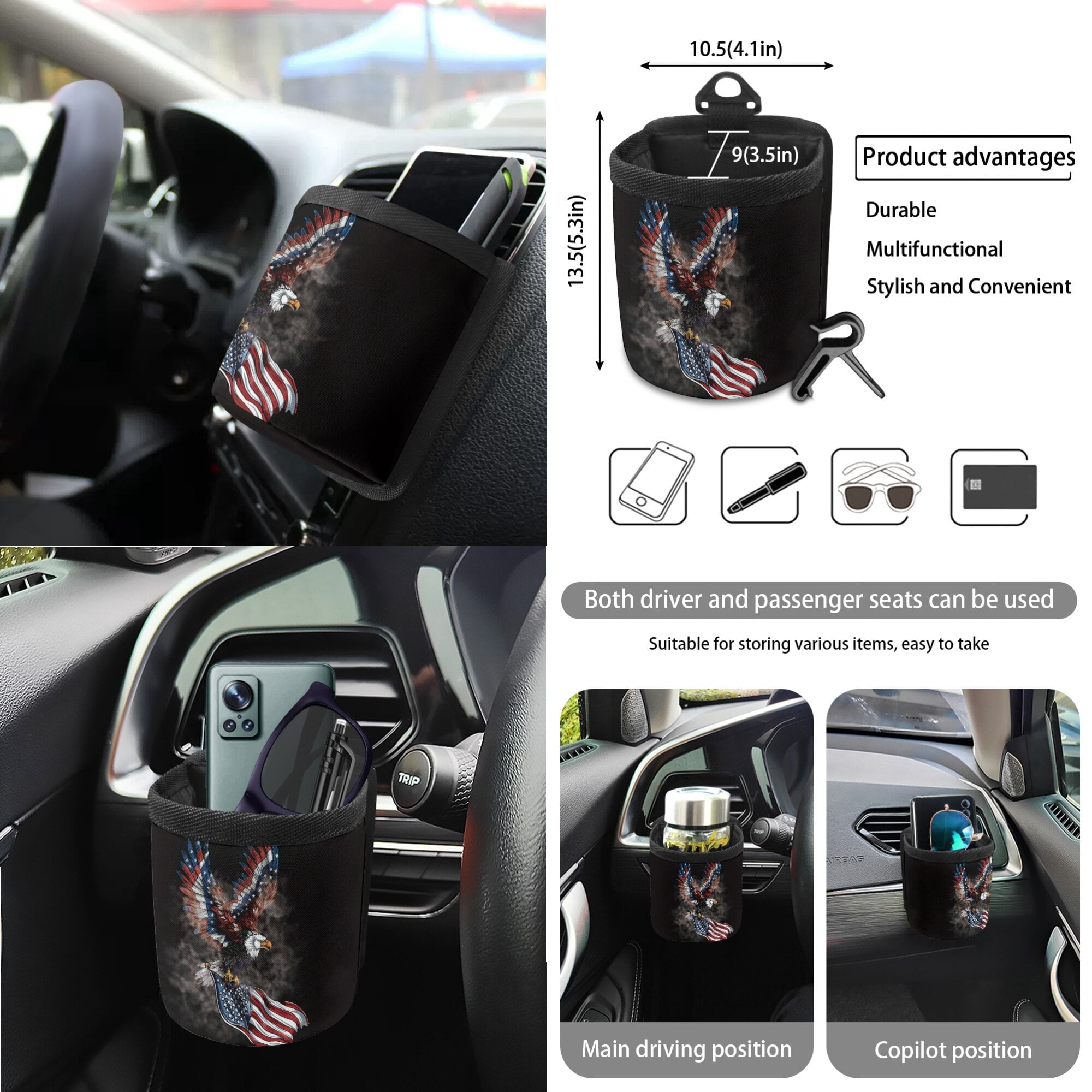 LedBack Eagle Print Car Seat Cover Set American Flag Print Steering Wheel Cover Safety Belt Pads Rear View Mirror Protector Car Air Vent Organizer Garbage Bag 4th of July Car Decor