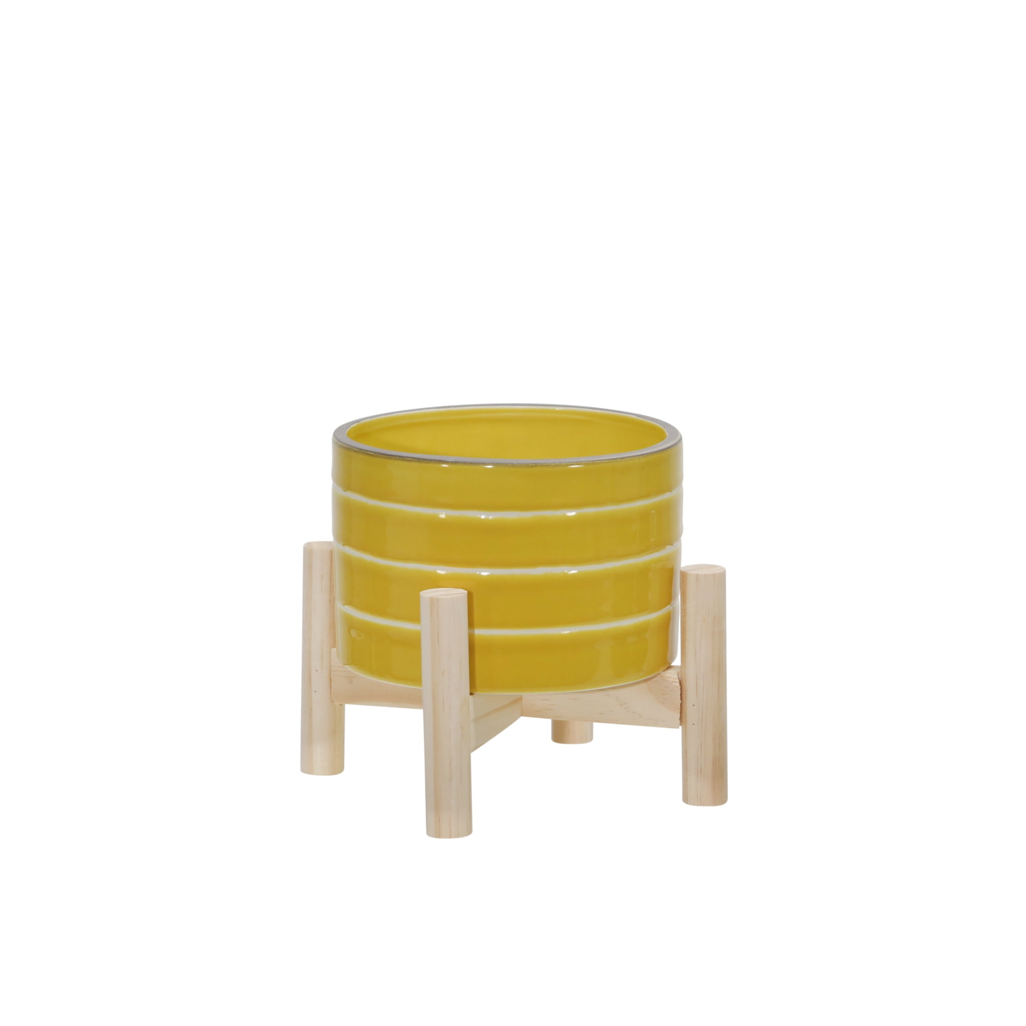 Yellow Ceramic Striped Planter with Wooden Stand, 6"