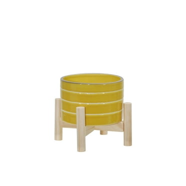Sagebrook Home 6" Ceramic Striped Planter With Wood Stand, Yellow, Round, Ceramic, Contemporary, 6"L X 6"W X 6"H, Striped