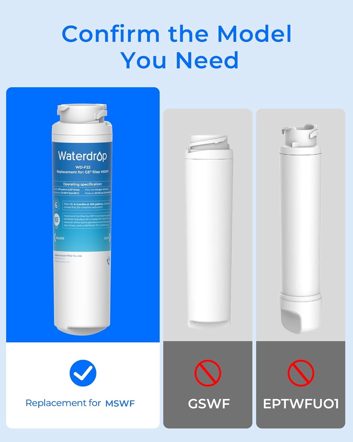 Waterdrop MSWF Refrigerator Water Filter, Replacement for GE® MSWF, 101820A, 101821B, RWF1500A, NSF 42&372 Certified, Pack of 4 (Package May Vary)