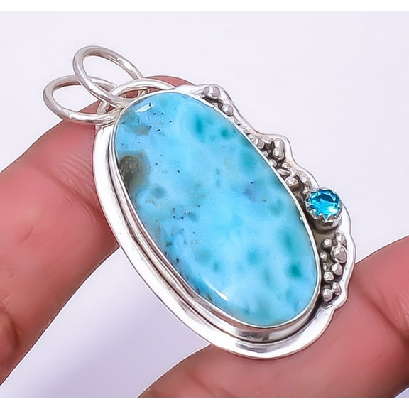 Natural Larimar - Dominican Republic 925 Sterling Silver Pendant 1.76" P_922_70, Beautiful Jewelry For Woman, New Year Sale, Valentin's Day Gift