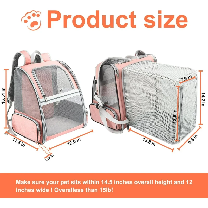 DENZUS Pet Backpack, Expandable Travel Carrier for Medium Cats and Small Dogs up to 17 lbs, Breathable Collapsible Bag for Hiking – Pink