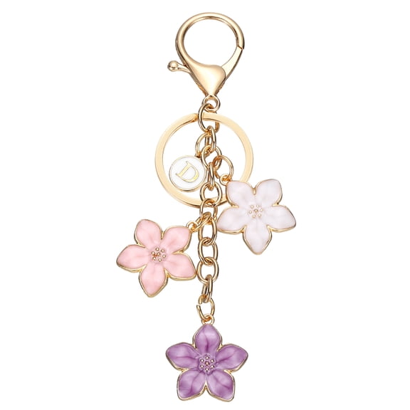 Uxcell Initial Keychain Cute Flower Charms, Floral Keychains Accessories Letter Keyring Enameled Purse Charms Cherry Blossom for Women Purse Handbag Backpack, D White/Pink/Purple