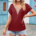 thumbnail image 7 of JWZUY Short Sleeve Shirt for Women Loose Satin Top Guipure Lace V Neck Silk Blouse Wine S, 7 of 7