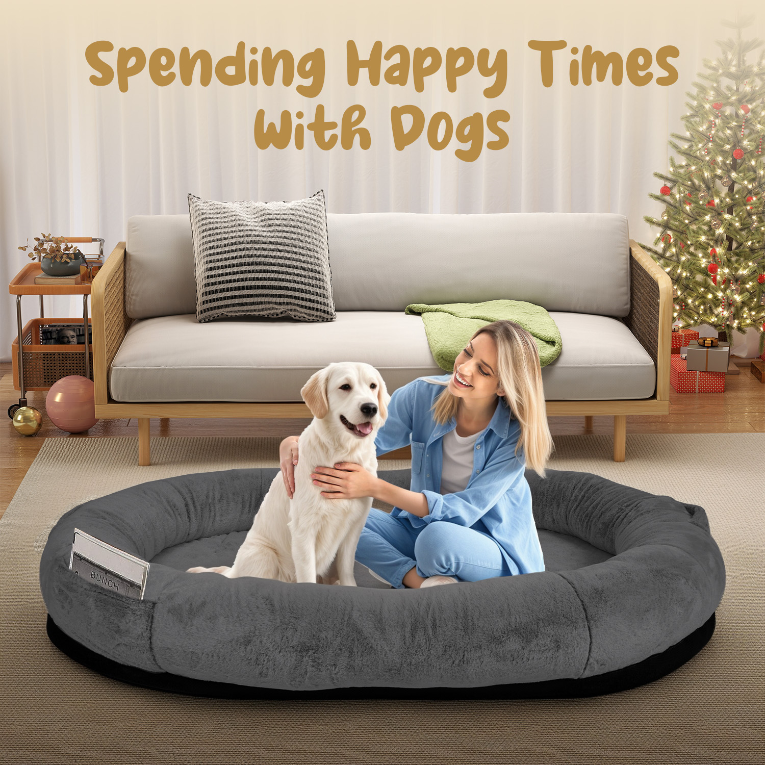 Human Dog Bed for Pets and Adults, 71"x45"x14" Human Size Giant Dog Pets Bed, Washable Faux Fur Cover for Humans with Blanket and Pillow,Dark Grey