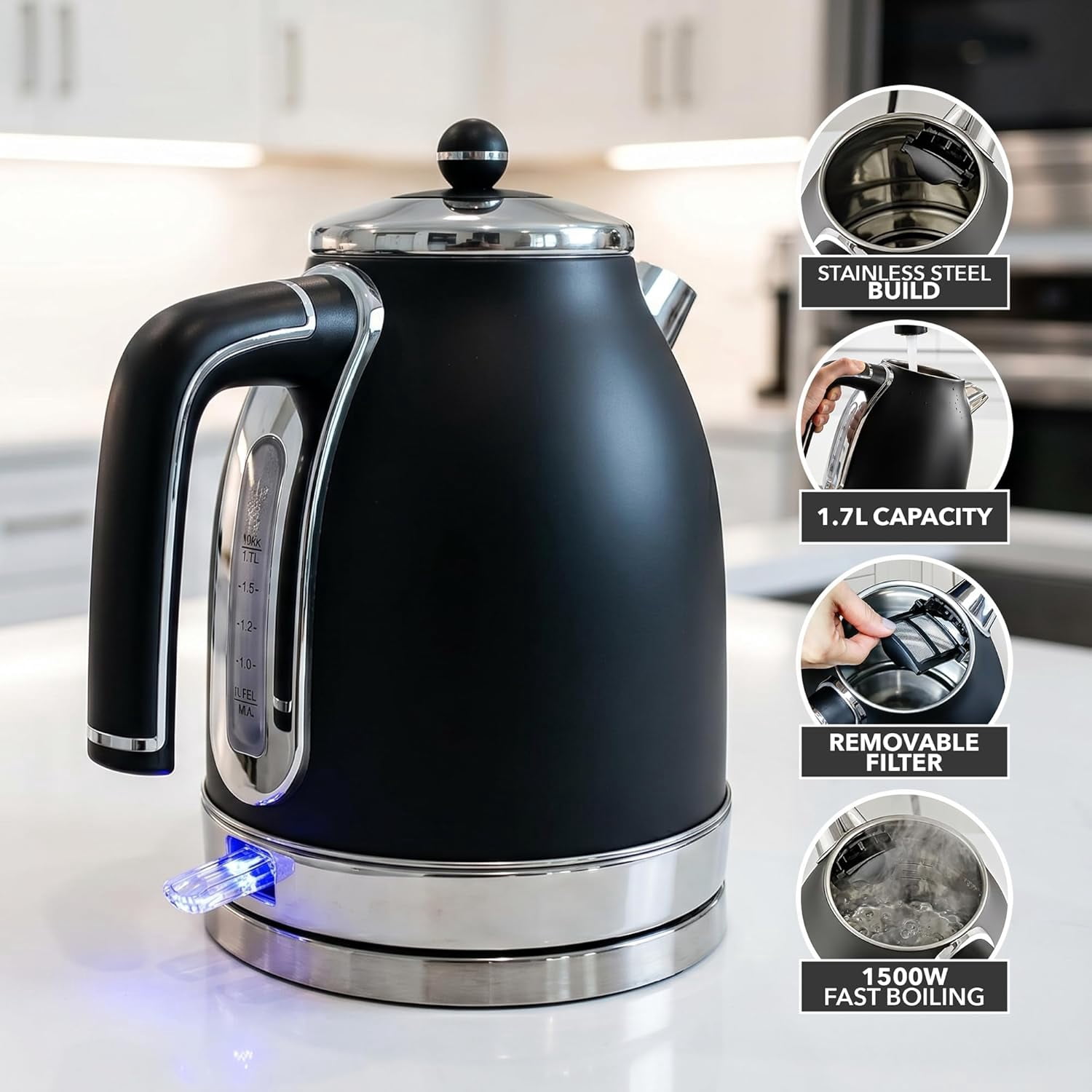 OVENTE 1.7L Electric Kettle 1500W Fast Boiling Water Heater for Coffee or Tea with Stainless Steel BPA-Free and Cordless Body, Auto Shut-Off, Boil-Dry Protection and Removable Filter, Silver KS777B