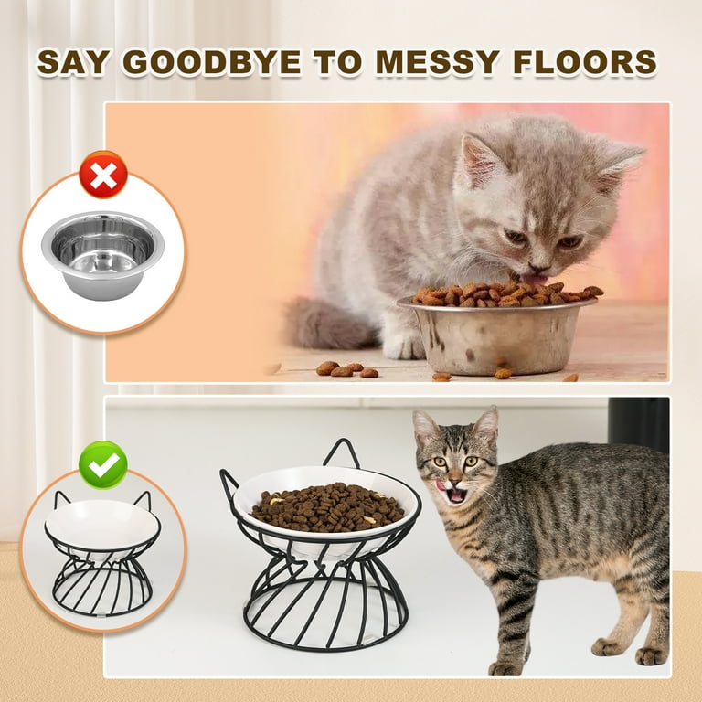 Raised Ceramic Cat Food Bowl Elevated Cat Dish with Anti Slip Metal Stand Wide Shallow Cat Bowl Whisker Friendly Small Cat Plate Cute Cat Feeding Bowls Microwave