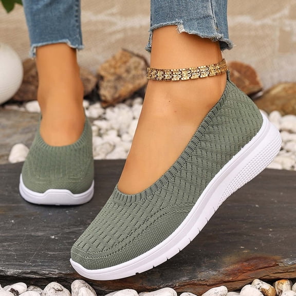 Womens Mesh Knitted Flats Lightweight Slip On Casual Versatile Soft Gym Sneakers Breathable Walking Shoes Flexible Loafers Flats for Summer Green 7.5