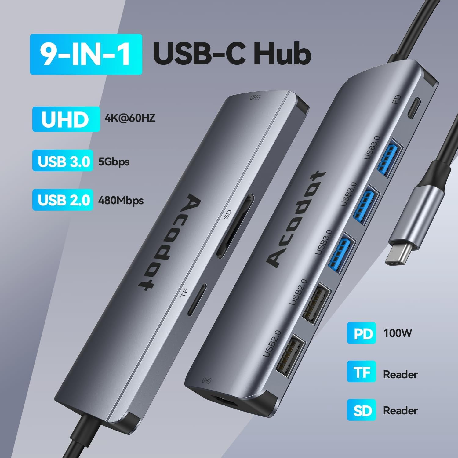 USB C Hub, 9 in 1 USB C to 4K@60HZ HDMI Multiport Adapter, 3 USB 3.0 Ports, SD/TF Card Reader, 100W PD, Desigend for MacBook Pro Air HP XPS and Other Type C Devices
