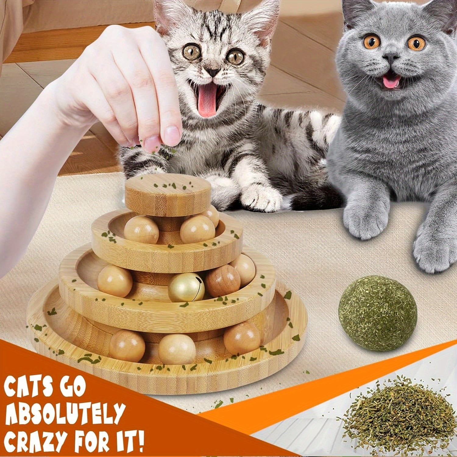 1pc Natural Bamboo Cat Ball Track Toy - 3 Layer Tower, 9 Detachable Balls, DIY Interactive Toy for Kitten's Exercise, Entertainment, and Festival Gifts