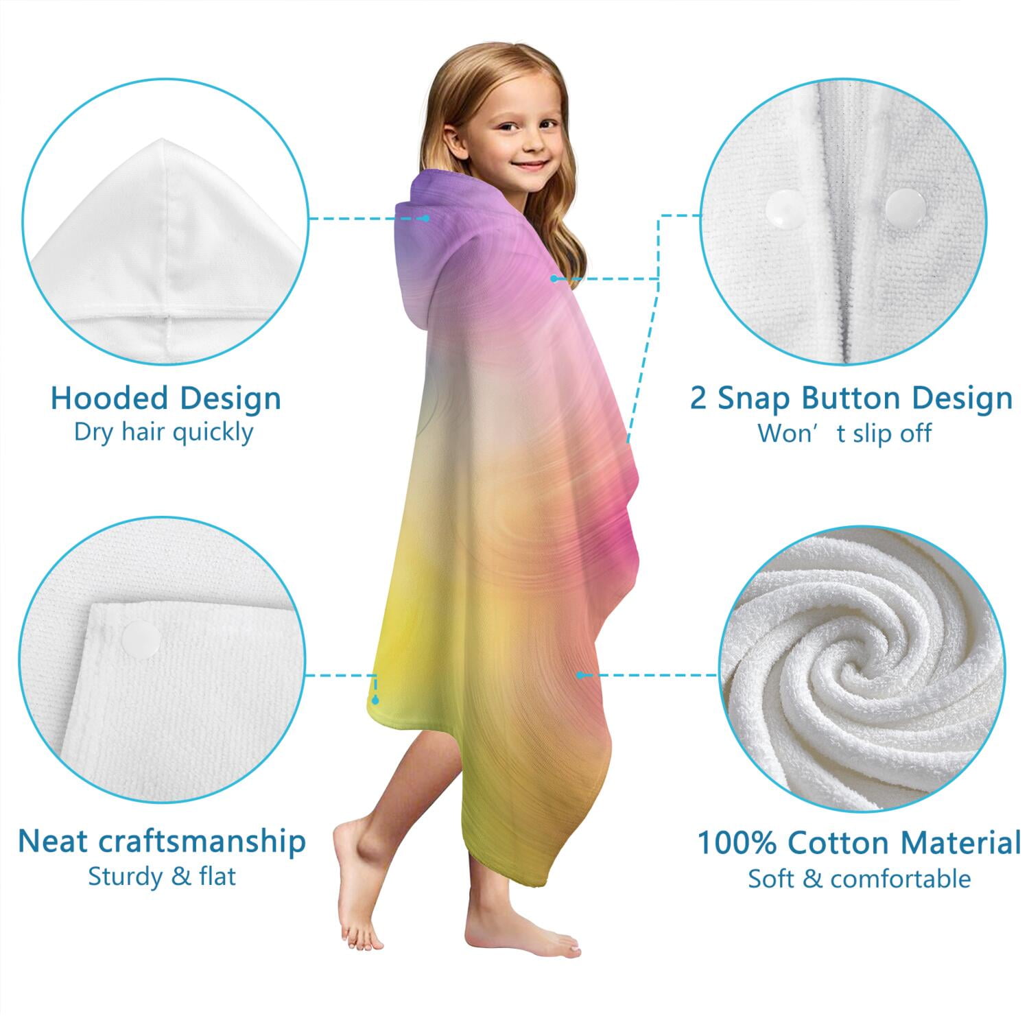 Rainbow Tie Dye Swirl Pattern Hooded Bath Towel，60"x35" for Ages 3 To 12 Kids, Quick Dry Lightweight Soft Microfiber Hood Beach Towel Cover Up for Kids
