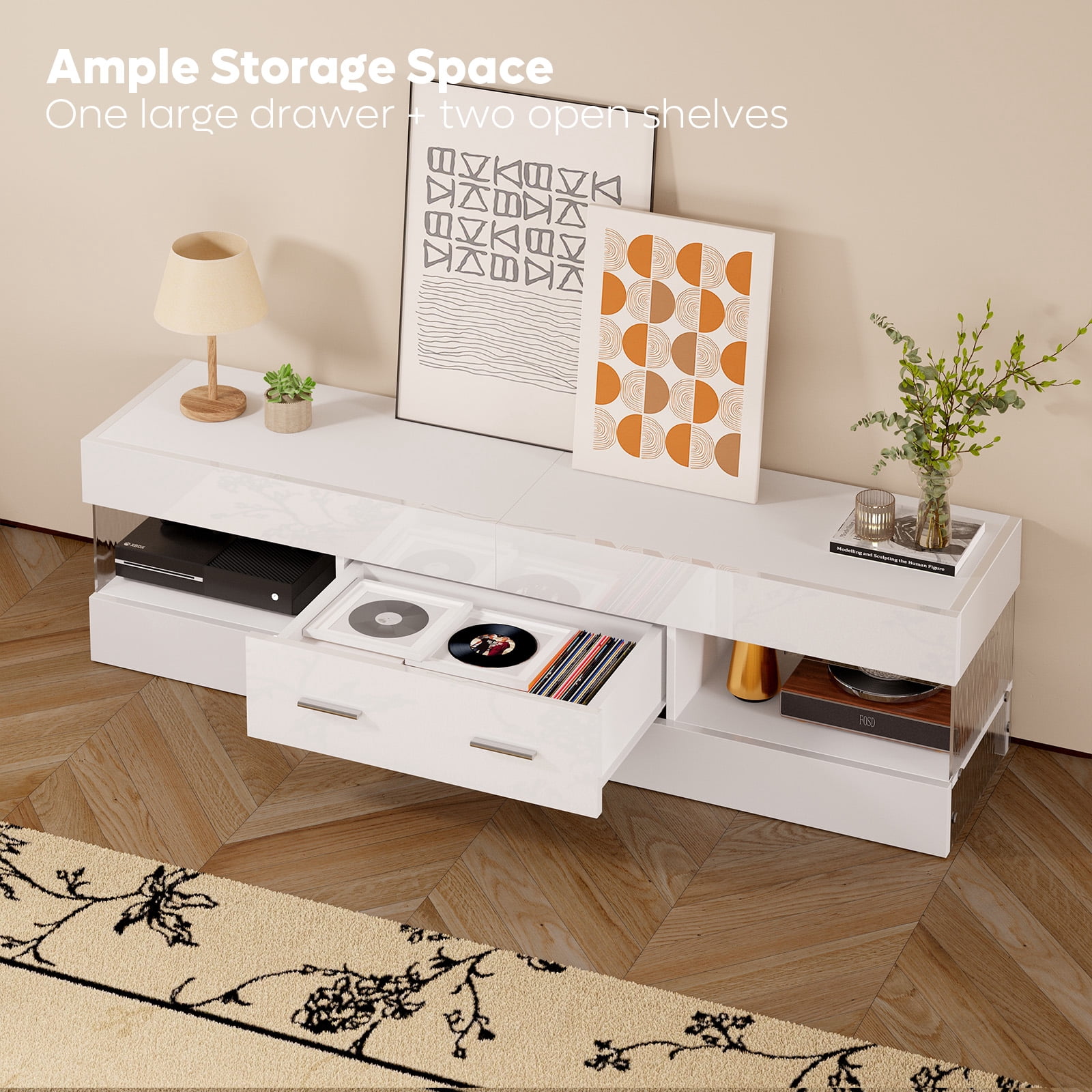 Bestier White TV Stand for TVs up to 65", Modern Entertainment Center for TVs with LED Light, High Gloss TV Console Table with Storage Drawers