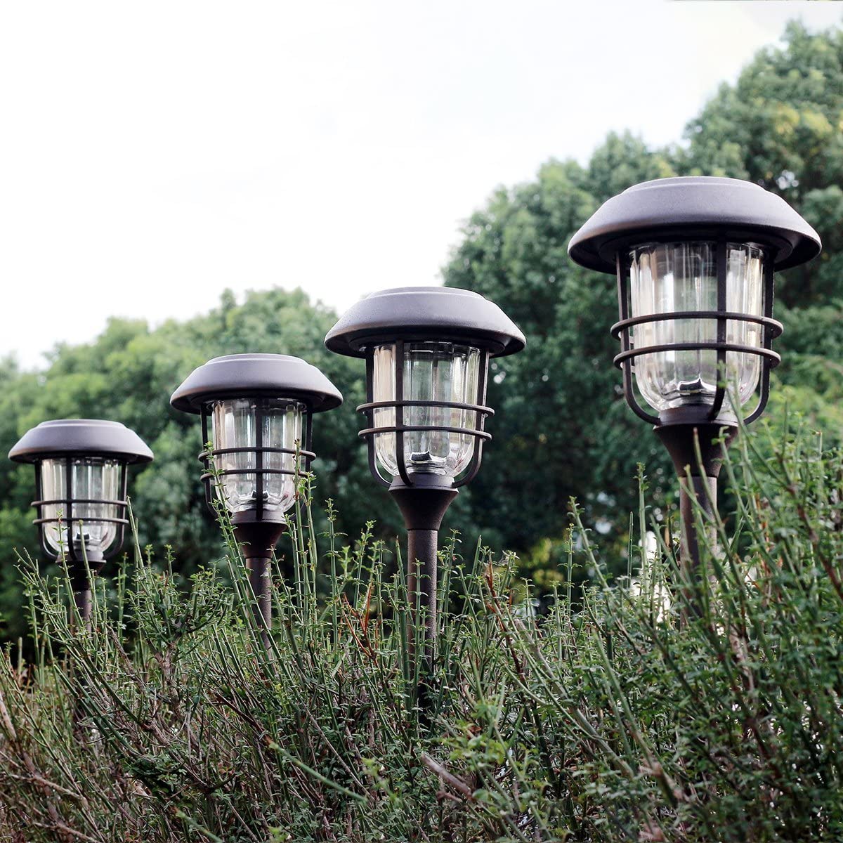 FKHouse 4 Pack Outdoor Solar Lights, Glass and Powder Coated Cast Aluminum Metal Path Lights, High Lumen Output per LED, Easy No Wire Installation