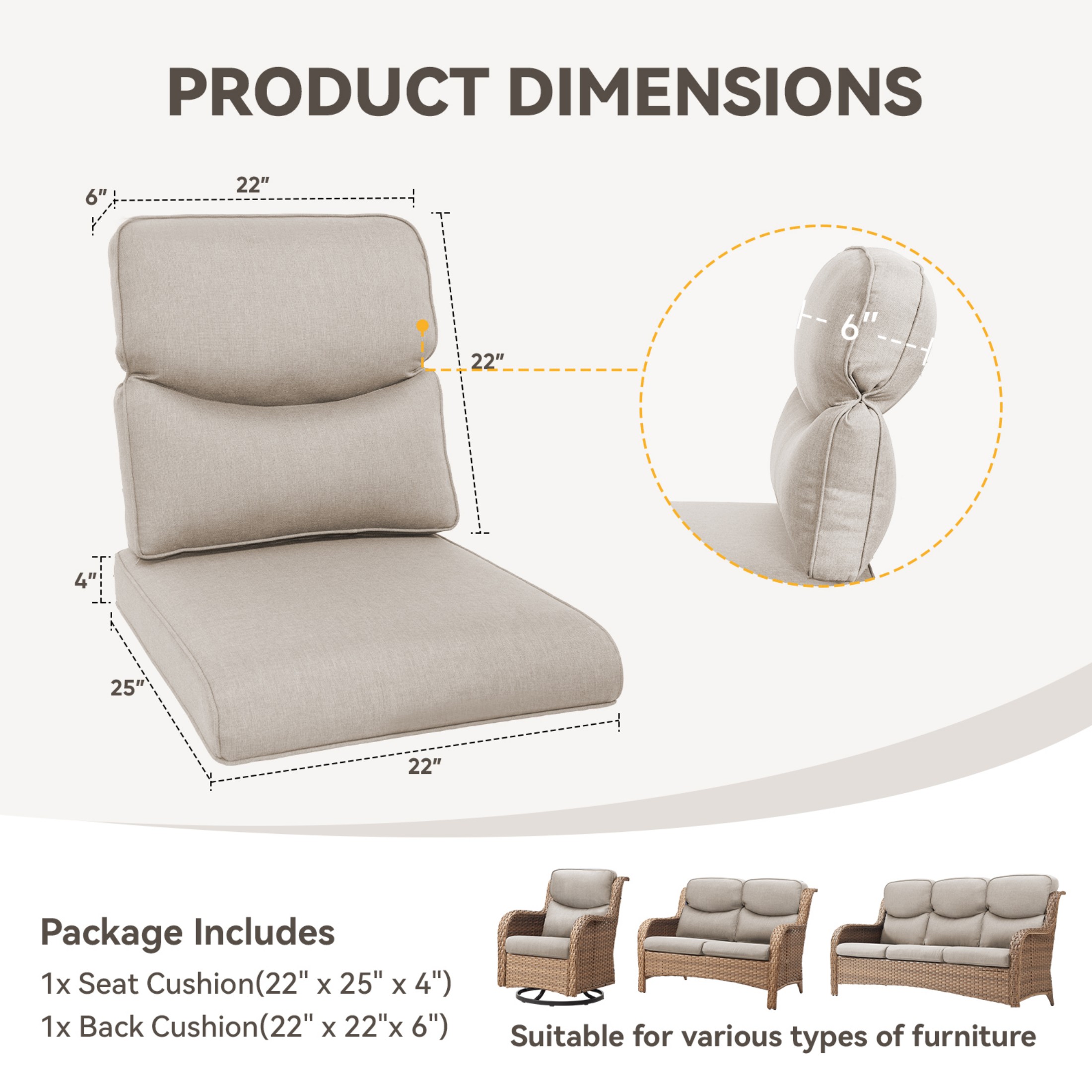Unnifurnzi Outdoor Chair Cushions-22 x 25 x 4 Inch Fade Resistant Patio Chair Cushions Outdoor Seat Cushions for Patio Furniture Chair Sofa Couch-Beige