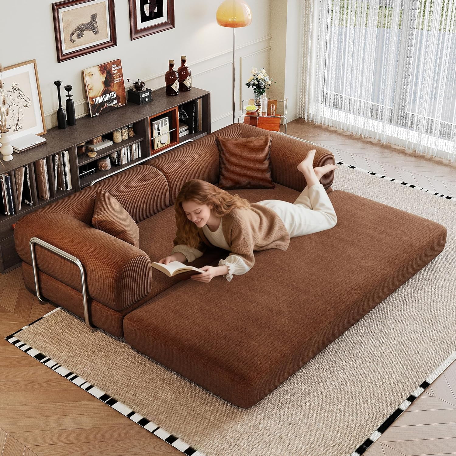 Howcool 79" Convertible Sofa Bed, Corduroy Folding Pull Out Couch with Pillows, Boneless Compression Sofa in a Box, Floor Sofa with Support Rods for Living Room,Brown