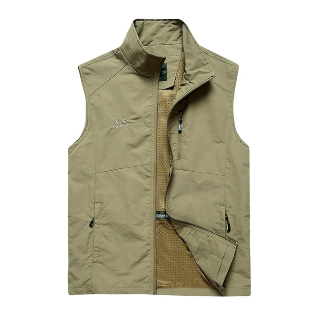 Fengqque Gilet Léger Sans Manches pour Hommes Veste de Travail Extérieure pour Voyage Randonnée Course Kaki 4(m)