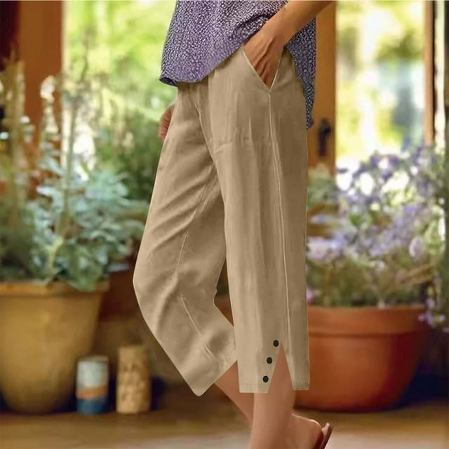 Soki Women's Linen Pants Casual Summer Capris Loose Fit Lightweight Drawstring Waisted Cropped Pants with Pockets