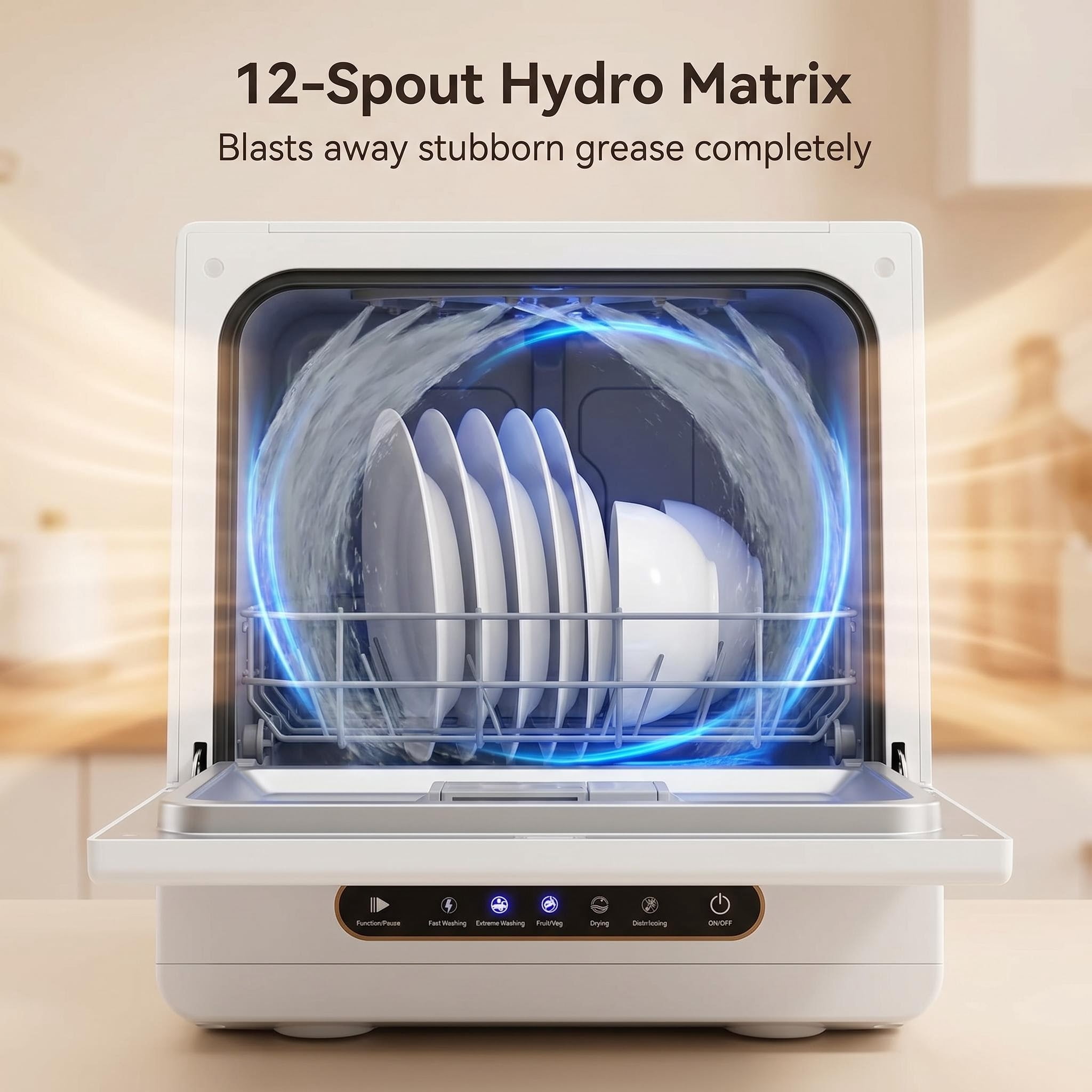 FUNGQI 1200W Portable Countertop Dishwasher with Voice Control, Mini Tabletop Dishwashing Machine with 12 Spray Outlets, 72℃ High-Temp Wash, Ozone Sterilization for Apartments RVs, White