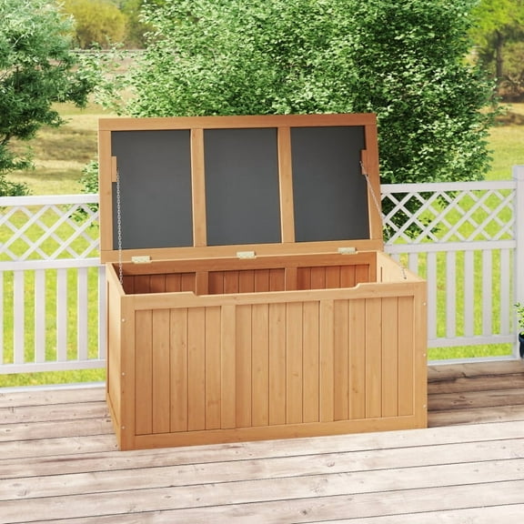 112 Gallon Outdoor Wooden Deck Box Solid Wood Storage Box Seat & Table Top for Patio Furniture Cushions, Pool Toys & Garden Tools