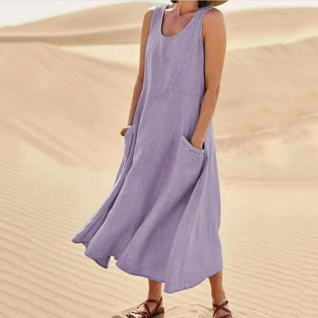 Baikeli Liquidation Robes Boho Robes Femmes Bretelles Spaghetti Robes d'Été Couleur Unie Col Rond Tenues Robe de Vacances Robe Maxi Fluide avec Poches Robes de Printemps pour Femmes