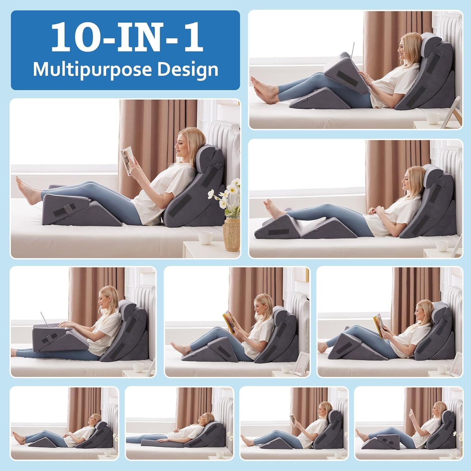 5Pcs Wedge Pillow Set for After Surgery, Orthopedic Bed Wedge Pillow Set for Post Surgery, Acid Reflux Relief, Sleeping, Back Pain Relief, Adjustable Back Pillow for Bed Sitting up Grey Plush