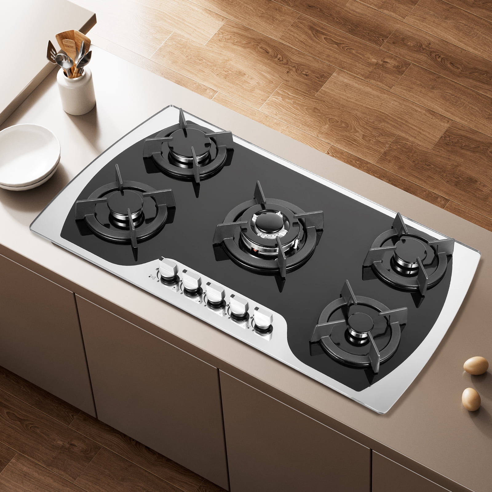 35.4-inch 5-Burner Built-in Gas Cooktop, 3.0kW Powerful Burner & Simmer Burner, Tempered Glass with Cast Iron Grates, Dual Fuel (Natural Gas/LPG) Conversion Kit Included