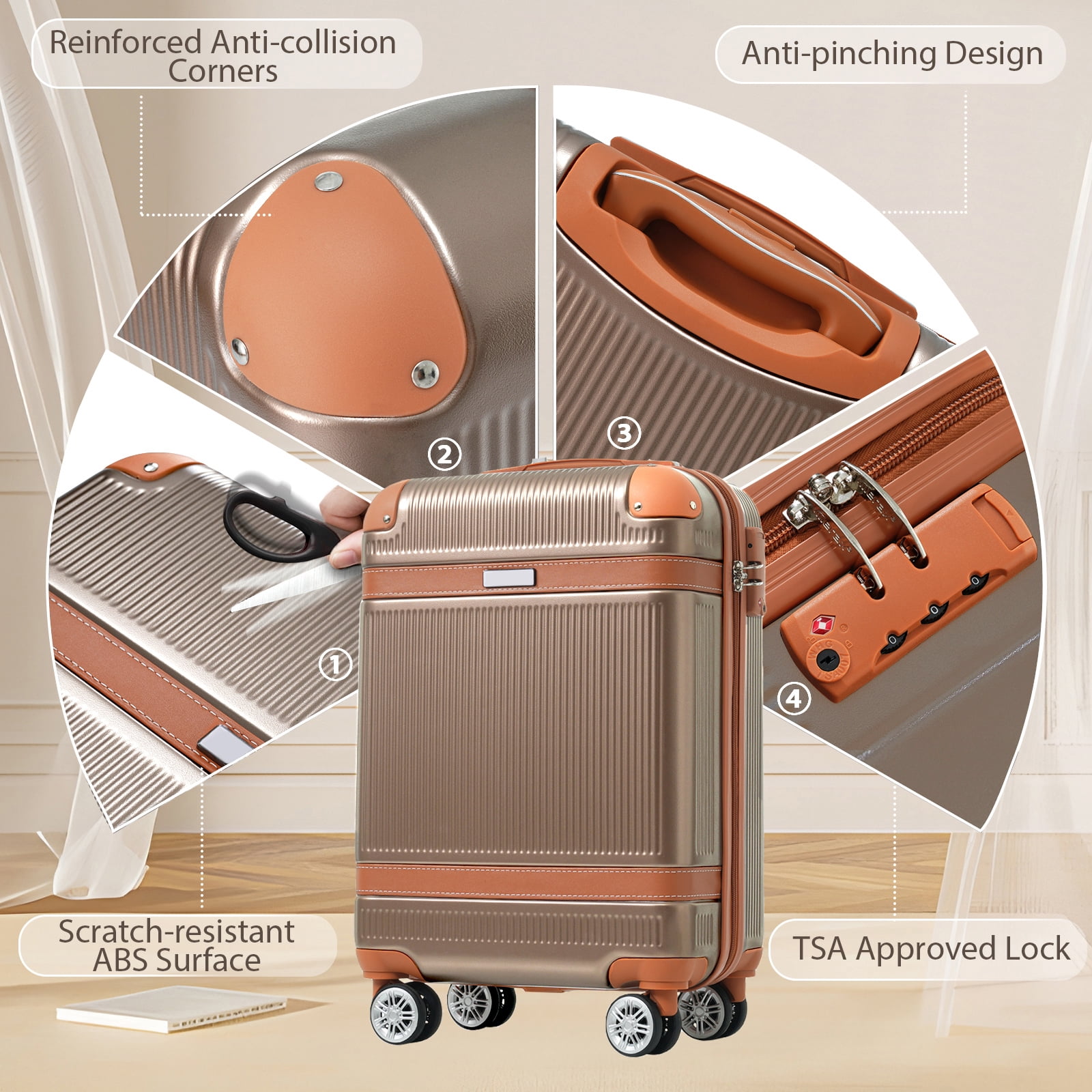 EUROCO 3 Piece Luggage Set, 20" Carry-on Suitcase with TSA Lock and Double Spinner Wheels, Hardshell Lightweight Luggage Set for Men Women,Coppery & White