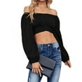 thumbnail image 4 of Lantern Sleeve Woman Off Shoulder Ruched Tie Back Crop Top Summer Boho Shirt Blouse, 4 of 5